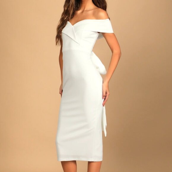 NWT LULUS Cordially Invited White Off-the-Shoulder Bow Back Midi Dress | Size XS - Picture 4 of 7